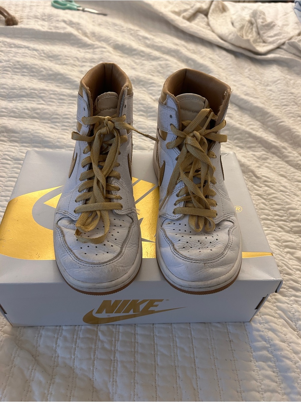 Nike White and Tan High-Top Sneakers with Golden Tan Accents